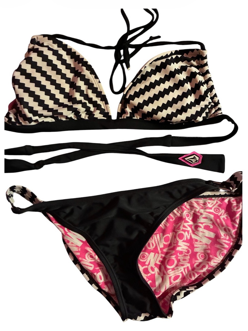 Volcom Black & Cream Zigzag Push-Up Bikini with Pink Lining Sz med